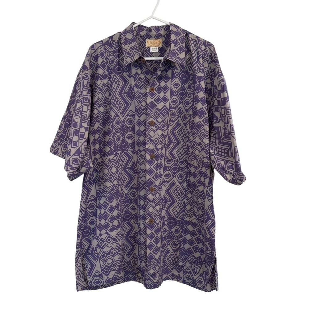 Noa Noa Hawaii Aloha Mens Large Purple Geometric Batik Cotton Short Sleeve Shirt